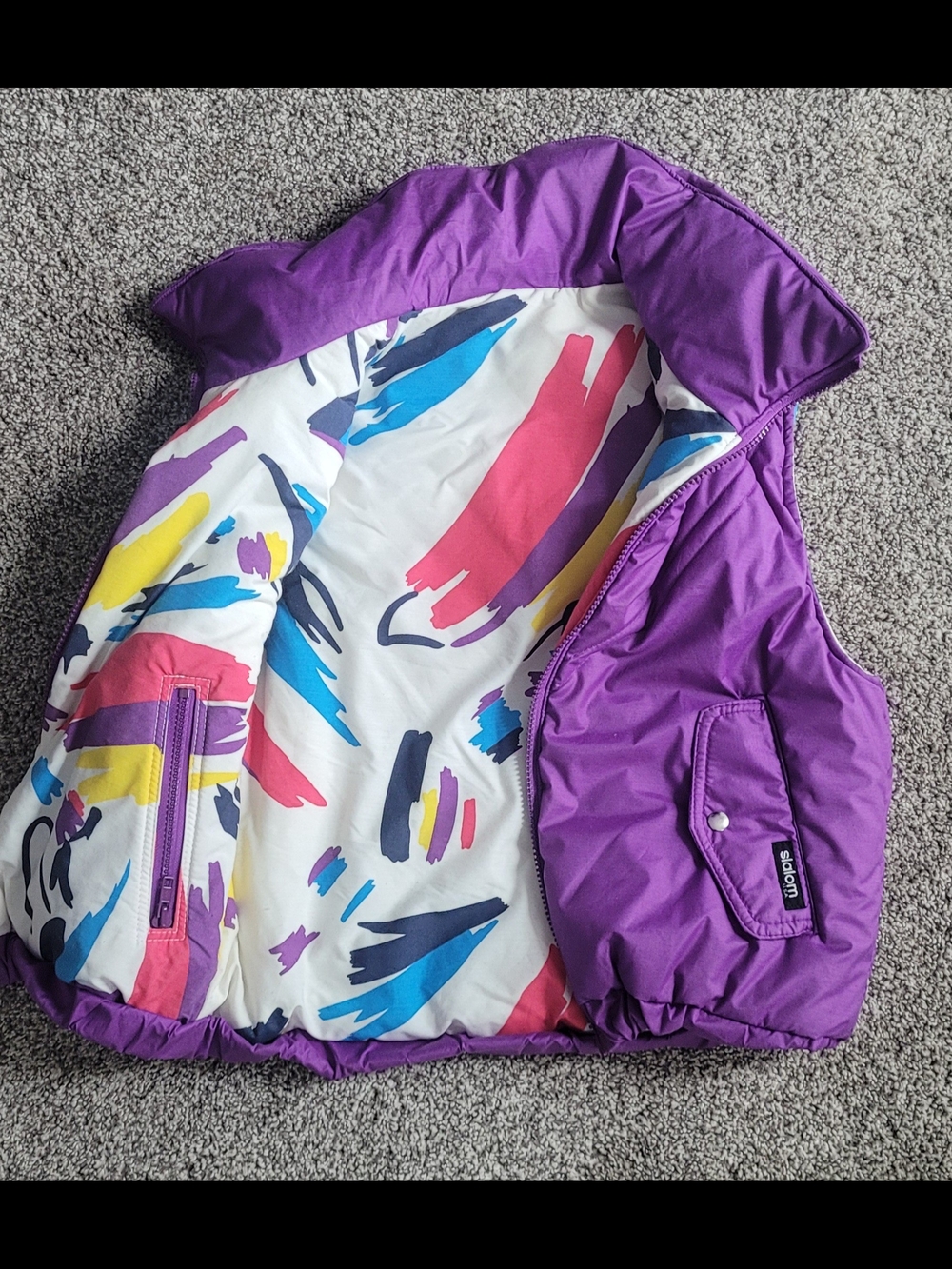 Vtg 80s Retro Reversable Puffer Vest- Colorful Abstract Lining-  Wm- XS/Yth- XL